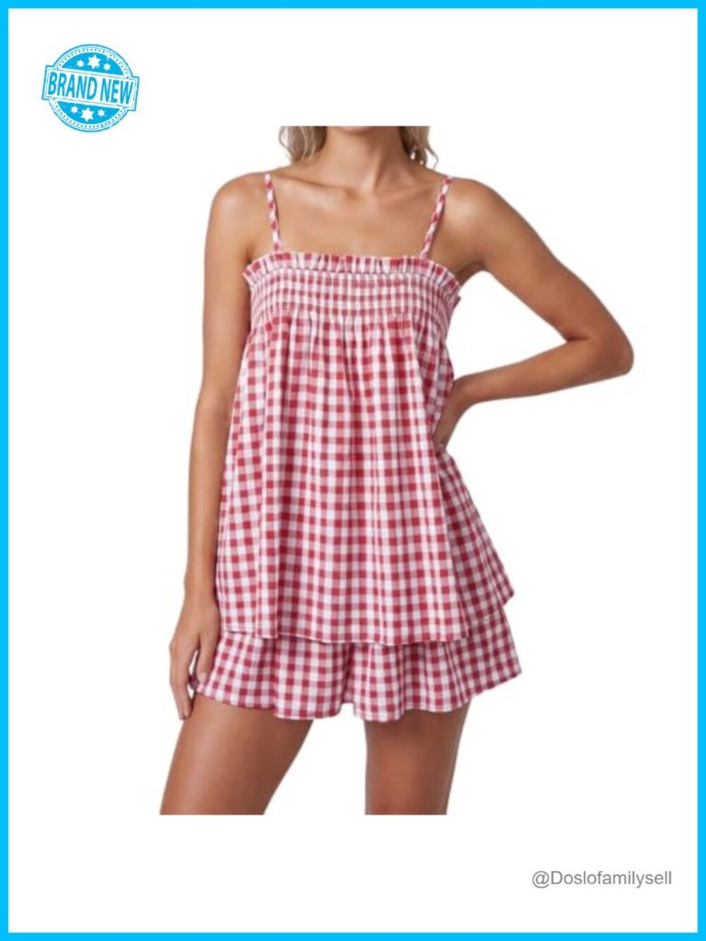 Gingham 2 Piece Lounge Set Babydoll Cami Peplum Top Plaid Shorts Pajama Set